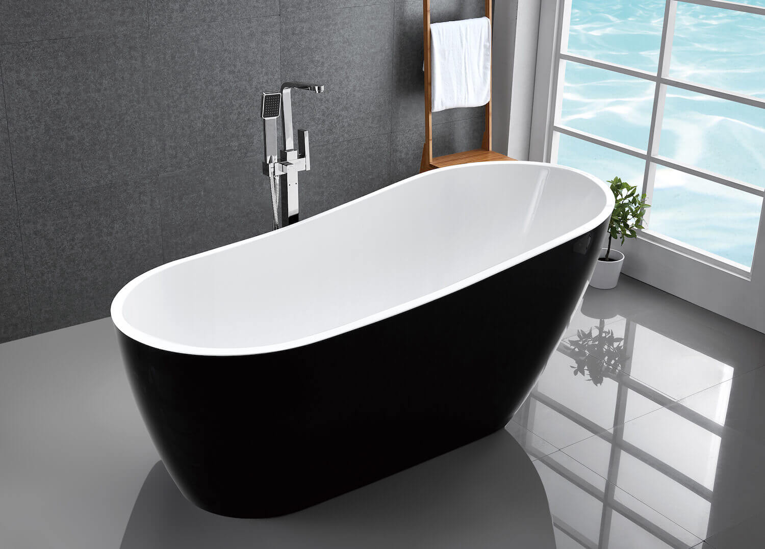 oval shaped black and white free standing bath tub